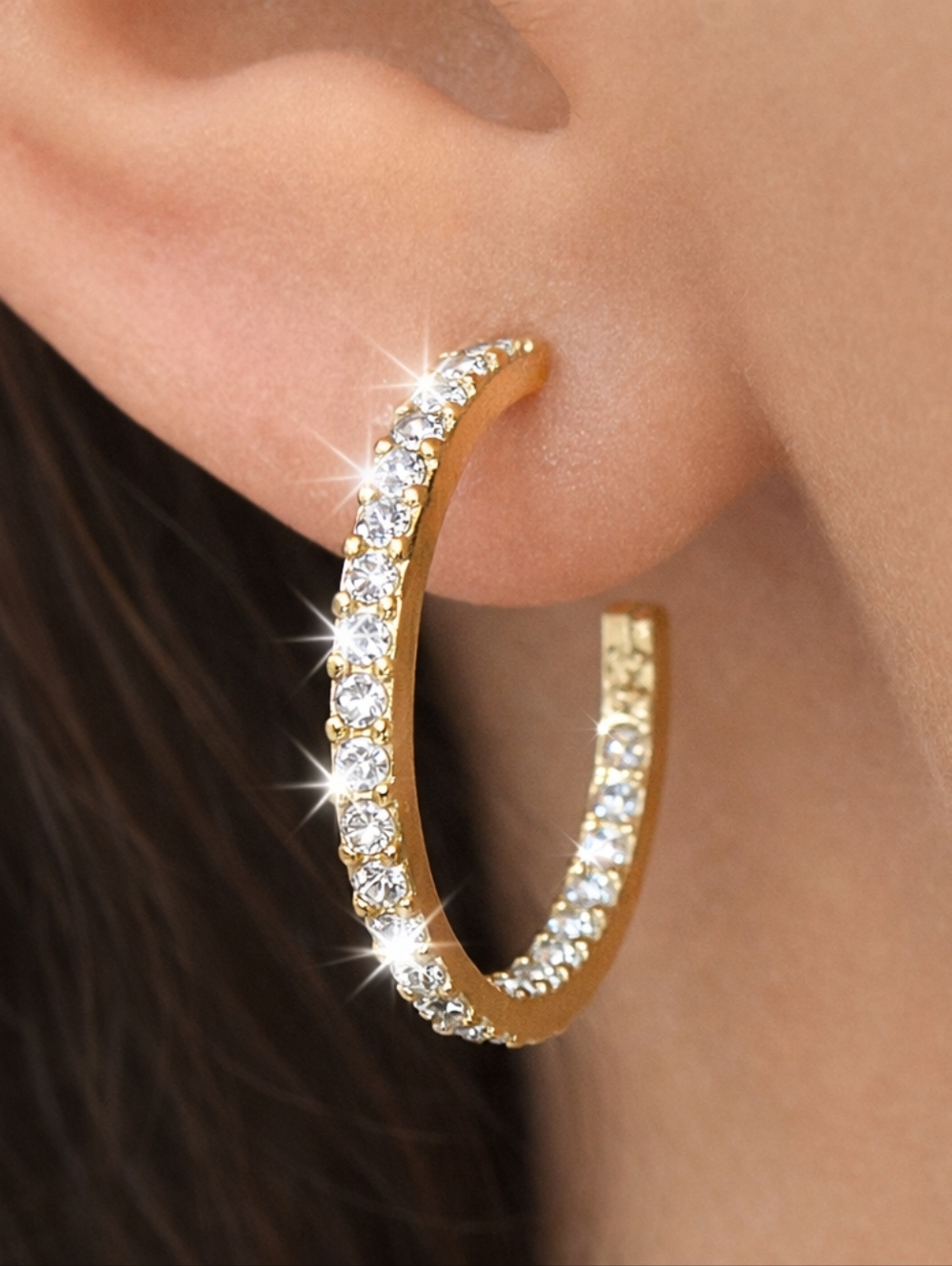 Gold Open Hoop Crystal Earrings – Sparkly Elegant Women’s Fashion Jewelry - 1.5"